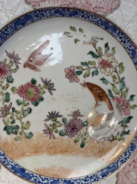 Two Chinese famille rose 'Magpie and Peony' plates with bianco-sopra-bianco rims, Yongzheng