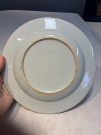 Two Chinese famille rose 'Magpie and Peony' plates with bianco-sopra-bianco rims, Yongzheng