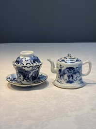 A Chinese blue and white 'Buddhist Lion' teapot, covered bowl and a saucer, various marks, 19th C.