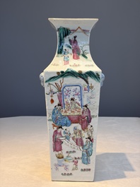 A Chinese famille rose square vase with narrative design, 19th C.