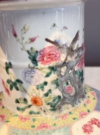 A Chinese famille rose 'Birds among Flowering Branches' rouleau vase, Qianlong mark, Republic