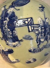 A Chinese blue and white celadon-ground 'Sanxing' bottle vase with relief design, 19th C.