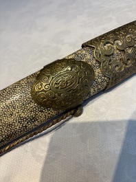 A rare set of Chinese double swords and scabbard, &lsquo;Shuangjian&rsquo;, Longquan mark, 19th C.