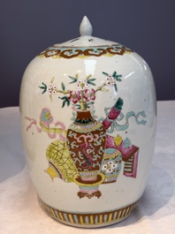 A Chinese famille rose 'Antiquities' vase and a covered jar, 19th C.