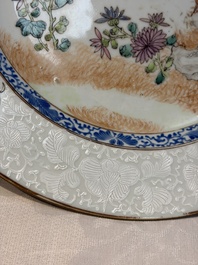 Two Chinese famille rose 'Magpie and Peony' plates with bianco-sopra-bianco rims, Yongzheng