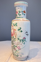 A Chinese famille rose 'Birds among Flowering Branches' rouleau vase, Qianlong mark, Republic