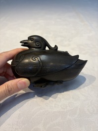 A Chinese silver-inlaid bronze 'Mandarin Duck' censer and cover, Ming