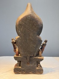 A Chinese gilt-lacquered wooden Bodhisattva and attendants on a throne, Qing