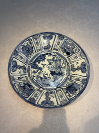 A very large Chinese blue and white 'Kraak' dish with geese by the water, Wanli