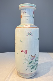 A Chinese famille rose 'Birds among Flowering Branches' rouleau vase, Qianlong mark, Republic