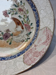 Two Chinese famille rose 'Magpie and Peony' plates with bianco-sopra-bianco rims, Yongzheng