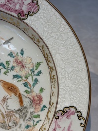 Two Chinese famille rose 'Magpie and Peony' plates with bianco-sopra-bianco rims, Yongzheng