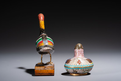 Ten Chinese cloisonn&eacute; miniature vases, a goose and a duck-form covered box, on wooden stands, 20th C.