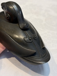 A Chinese silver-inlaid bronze 'Mandarin Duck' censer and cover, Ming