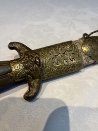A rare set of Chinese double swords and scabbard, &lsquo;Shuangjian&rsquo;, Longquan mark, 19th C.
