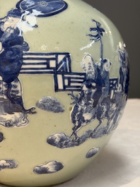 A Chinese blue and white celadon-ground 'Sanxing' bottle vase with relief design, 19th C.