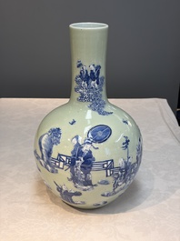 A Chinese blue and white celadon-ground 'Sanxing' bottle vase with relief design, 19th C.