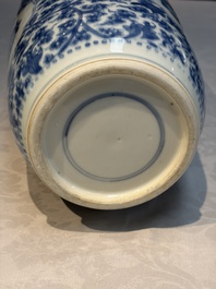 A Chinese blue and white rouleau vase with floral design, Kangxi