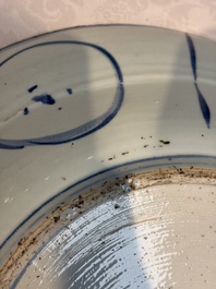 A very large Chinese blue and white 'Kraak' dish with geese by the water, Wanli