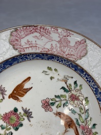 Two Chinese famille rose 'Magpie and Peony' plates with bianco-sopra-bianco rims, Yongzheng