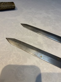 A rare set of Chinese double swords and scabbard, &lsquo;Shuangjian&rsquo;, Longquan mark, 19th C.