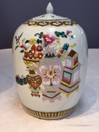 A Chinese famille rose 'Antiquities' vase and a covered jar, 19th C.