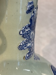A Chinese blue and white celadon-ground 'Sanxing' bottle vase with relief design, 19th C.