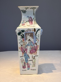 A Chinese famille rose square vase with narrative design, 19th C.