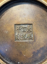 A Chinese double-handled bronze incense burner, Xuande mark, 17/18th C.
