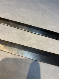 A rare set of Chinese double swords and scabbard, &lsquo;Shuangjian&rsquo;, Longquan mark, 19th C.