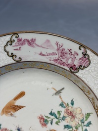 Two Chinese famille rose 'Magpie and Peony' plates with bianco-sopra-bianco rims, Yongzheng
