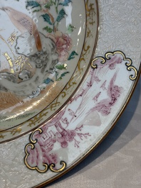 Two Chinese famille rose 'Magpie and Peony' plates with bianco-sopra-bianco rims, Yongzheng