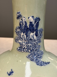 A Chinese blue and white celadon-ground 'Sanxing' bottle vase with relief design, 19th C.