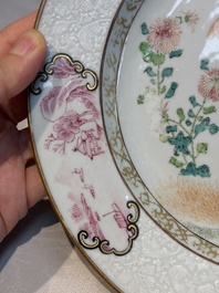 Two Chinese famille rose 'Magpie and Peony' plates with bianco-sopra-bianco rims, Yongzheng
