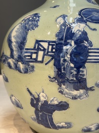 A Chinese blue and white celadon-ground 'Sanxing' bottle vase with relief design, 19th C.