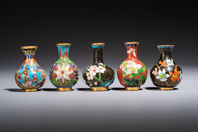 Ten Chinese cloisonn&eacute; miniature vases, a goose and a duck-form covered box, on wooden stands, 20th C.