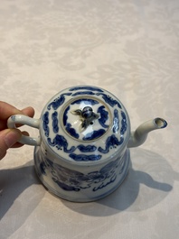 A Chinese blue and white 'Buddhist Lion' teapot, covered bowl and a saucer, various marks, 19th C.