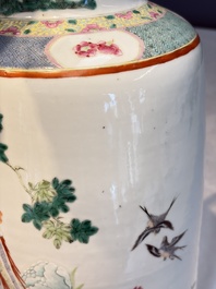 A Chinese famille rose 'Birds among Flowering Branches' rouleau vase, Qianlong mark, Republic
