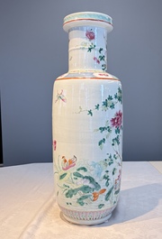 A Chinese famille rose 'Birds among Flowering Branches' rouleau vase, Qianlong mark, Republic