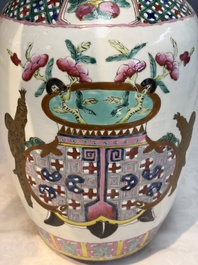 A Chinese famille rose 'Antiquities' vase and a covered jar, 19th C.