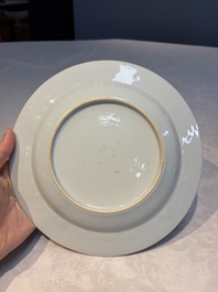 Two Chinese famille rose 'Magpie and Peony' plates with bianco-sopra-bianco rims, Yongzheng