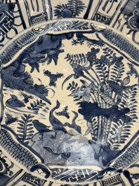 A very large Chinese blue and white 'Kraak' dish with geese by the water, Wanli