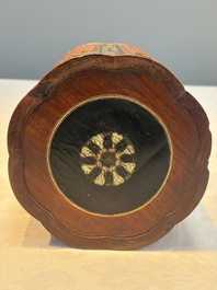 A Chinese gilt black-lacquered huanghuali brush pot with chilong design, Kangxi/Yongzheng