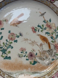 Two Chinese famille rose 'Magpie and Peony' plates with bianco-sopra-bianco rims, Yongzheng