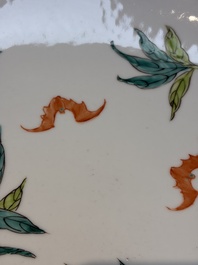 A Chinese famille rose 'Nine Peaches' dish on wooden stand, Yongzheng mark, 20th C.