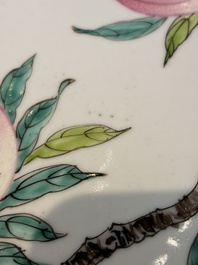 A Chinese famille rose 'Nine Peaches' dish on wooden stand, Yongzheng mark, 20th C.