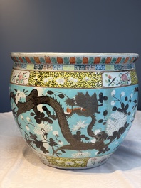 A Chinese famille rose turquoise-ground Dayazhai-style 'Dragons' fish bowl or jardini&egrave;re, 19th C.
