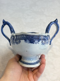 A pair of Chinese blue and white handled sauce boats and stands with pagodas along a river, Qianlong