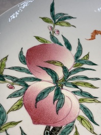 A Chinese famille rose 'Nine Peaches' dish on wooden stand, Yongzheng mark, 20th C.