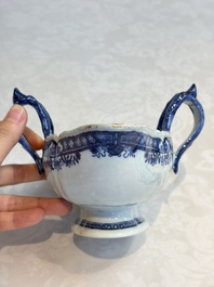 A pair of Chinese blue and white handled sauce boats and stands with pagodas along a river, Qianlong